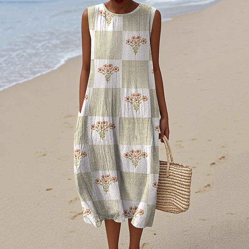 Vintage Floral Stripe Print Crew Neck Dress artswardrobe