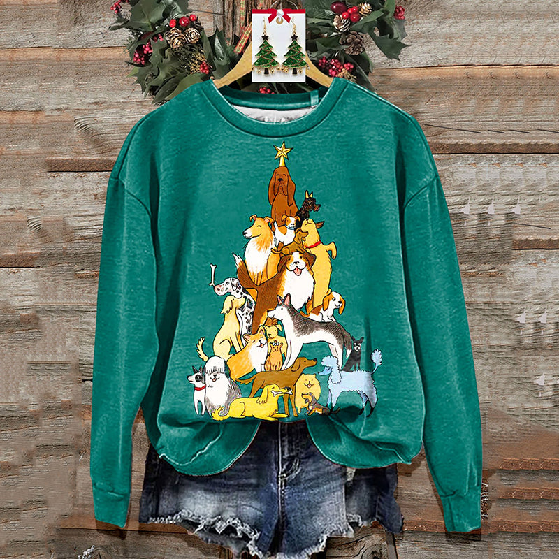 Comstylish Christmas Tree Dog Print Crew Neck Sweatshirt