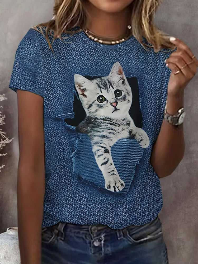Women's Cat Print Short Sleeve Casual T-shirt artswardrobe