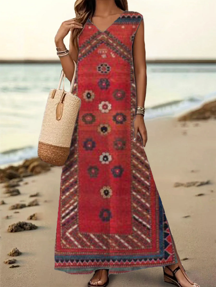 Women's Vintage Ethnic Tattoo Pattern Art Print V-Neck Sleeveless Cott