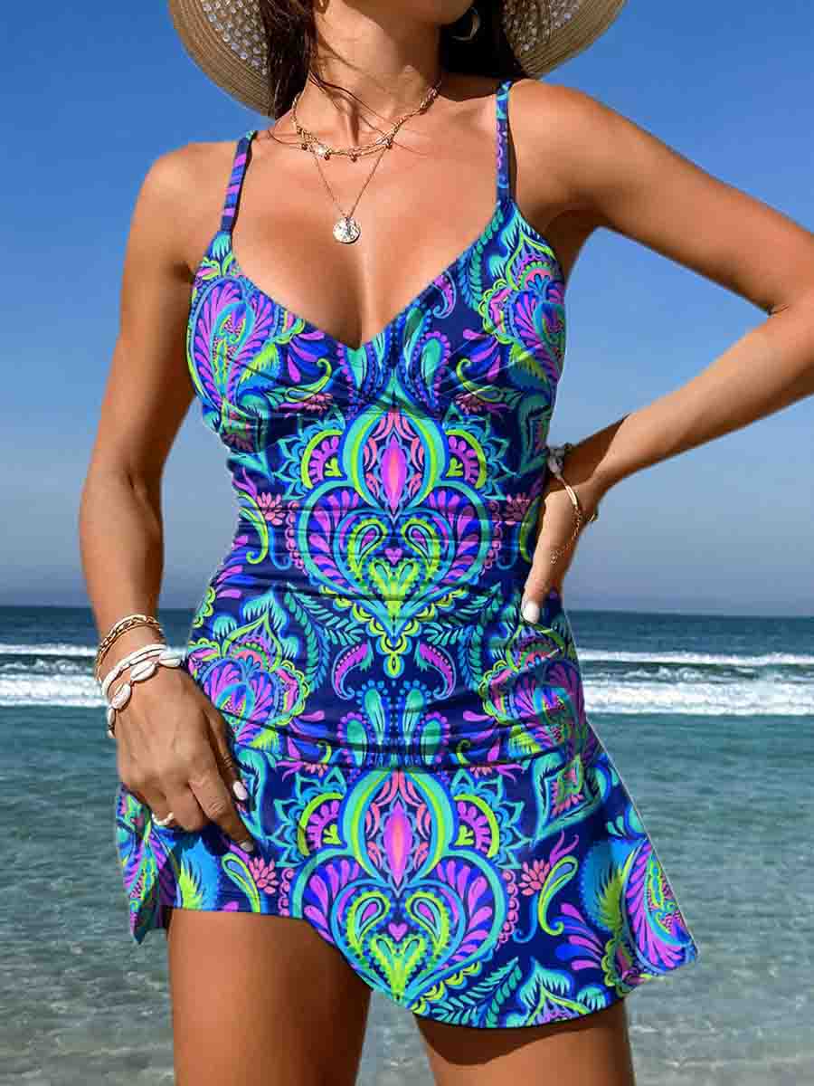 V Neck Paisley Pattern Print Suspender Bikini Skirt Set Swimsuit
