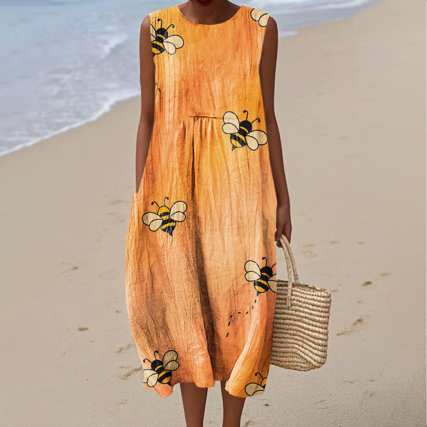 Women's Fashion Bee Art Print Sleeveless Dress artswardrobe