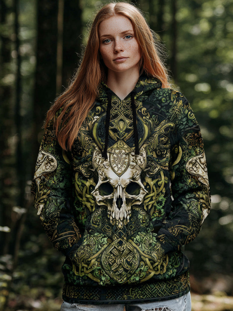 Women's Vintage Viking Tribal Celtic Skull Gradient Art Chunky Knit Hooded Sweater artswardrobe