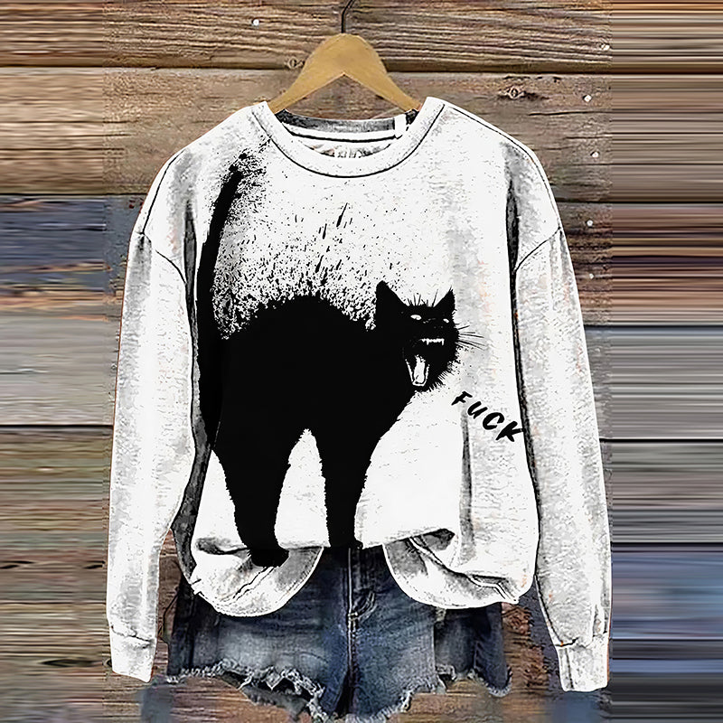 A Cat Yelling Fuck Print Casual Sweatshirt elevenforest