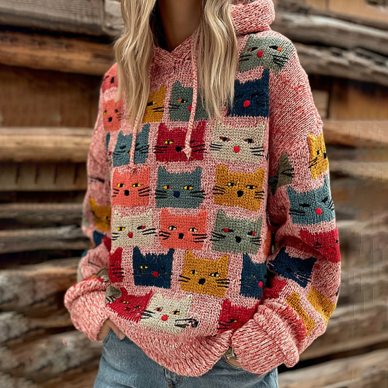 Women's Colorful Cats Pattern Art Cozy Knit Hooded Sweater artswardrobe