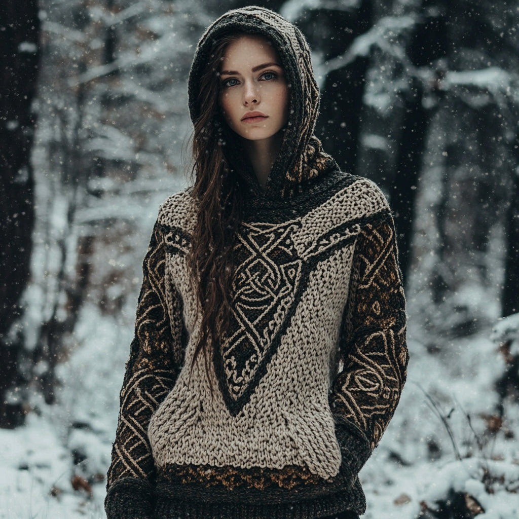 Women's Viking Totem Celtic Knot Vintage Pocket Hooded Sweater elevenforest