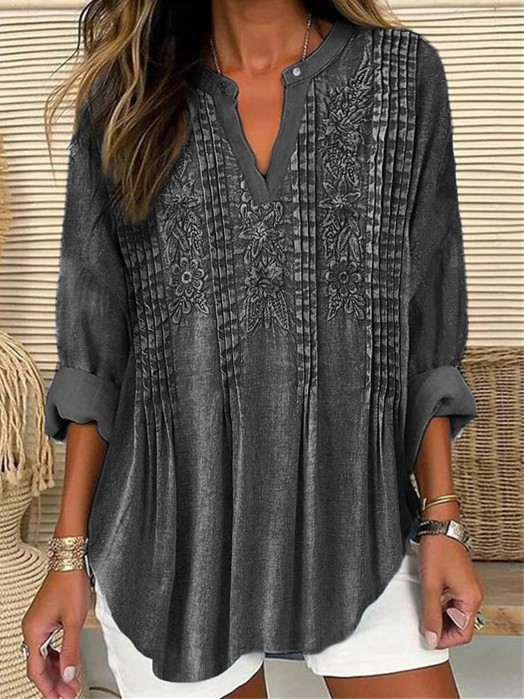 Comstylish Western Floral Embossed Linen Blend Tunic