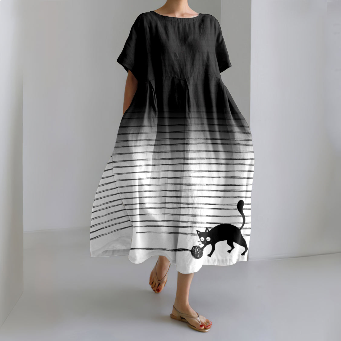Gradient Lines Abstract Cat Art Graphic Linen Blend Maxi Dress elevenforest