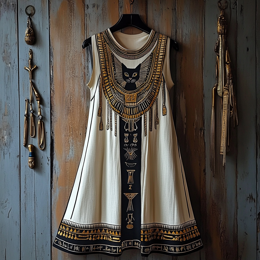 Ancient Egyptian Cat Embroidery Linen Blend Midi Dress