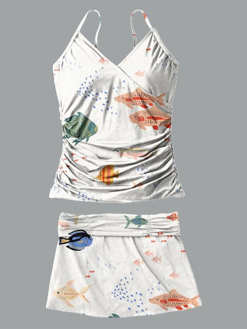 Fish V-Neck Vintage Print Suspender Skirt Tankini Pantskirt Set Swimsuit