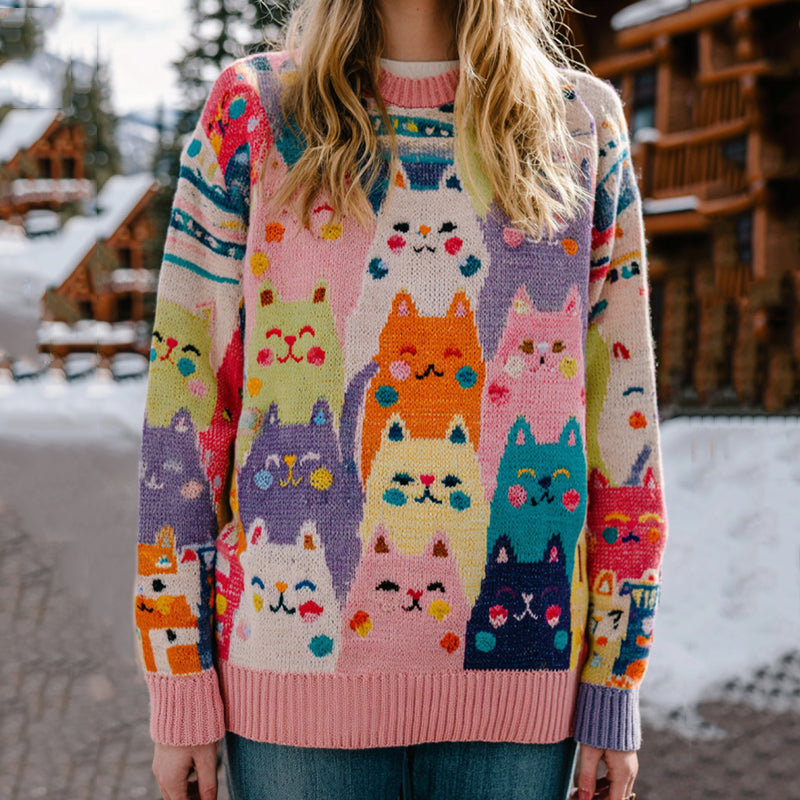 Colorful Cats Pattern Art Cozy Knit Sweater artswardrobe