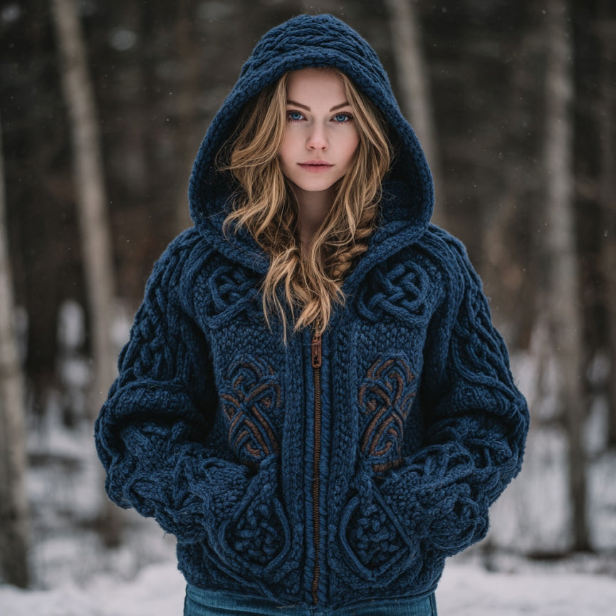 Women's Viking Celtic Knot Cozy Warm Knit Full Zip Hooded Sweater artswardrobe