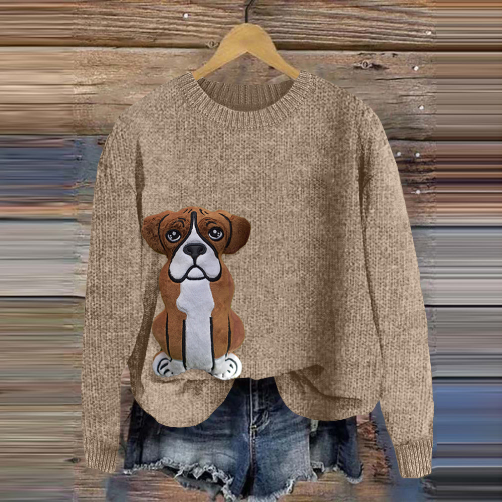 Comstylish Funny Boxer Dog Applique Art Cozy Sweater