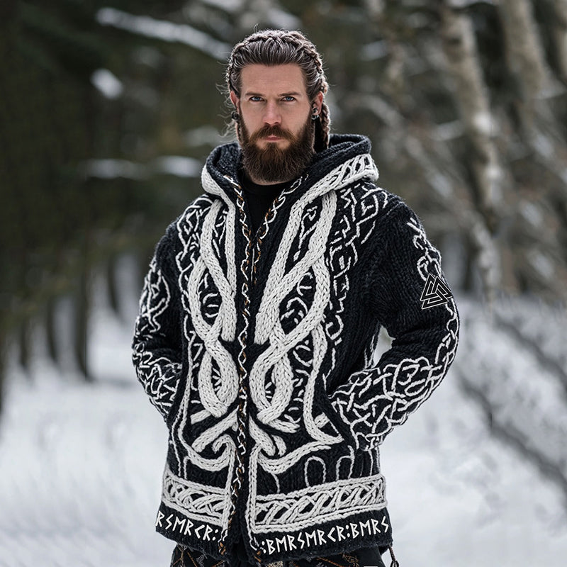 Men's Viking Berserker Warrior Runes Celtic Knot Chunky Knit Zipper Hooded Cardigan artswardrobe