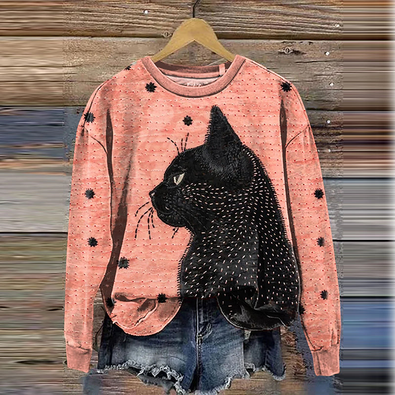 Black Cat Crew Neck Casual Sweatshirt elevenforest