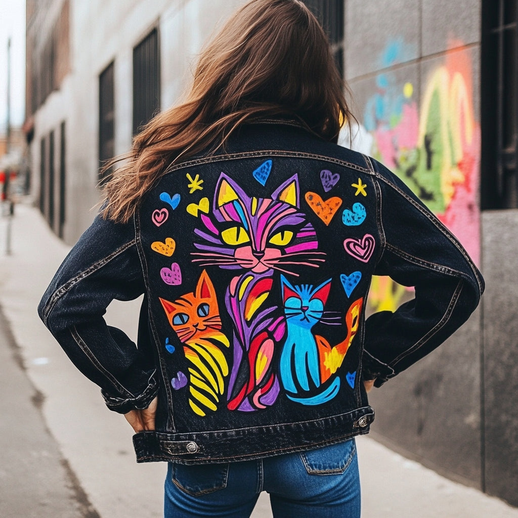 Women's Pop Art Cat Design Denim Jacket elevenforest