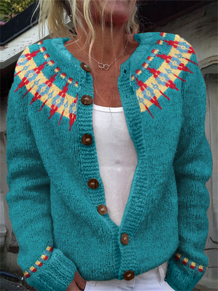 Western Ethnic Aztec Yoke Cozy Knit Cardigan elevenforest