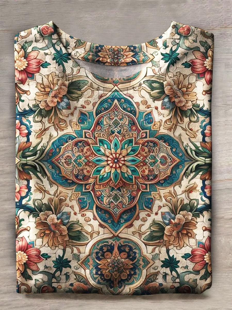 Vintage Ethnic Floral Art Print Casual T-shirt