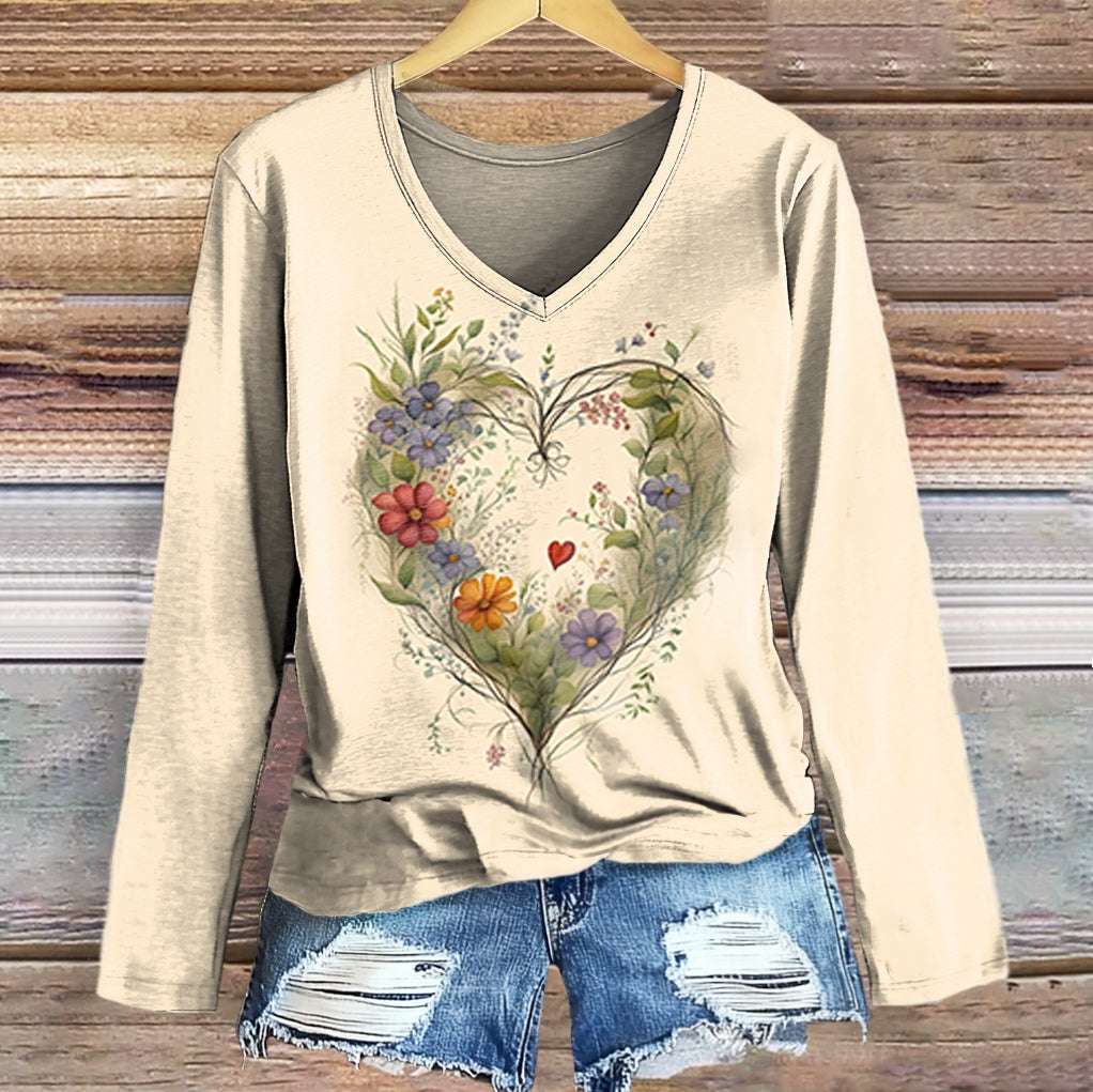Women's Floral Heart Pattern Art Print Casual V-Neck Long Sleeve T-Shi