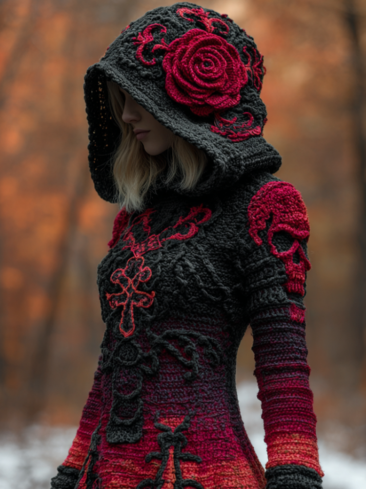 Halloween Viking Style Lady Hooded Knit Sweater Dress artswardrobe