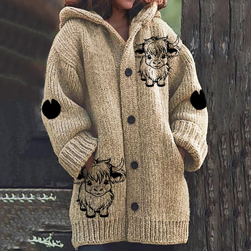 Women's Animal Highland Cow Print Knitted Cardigan artswardrobe