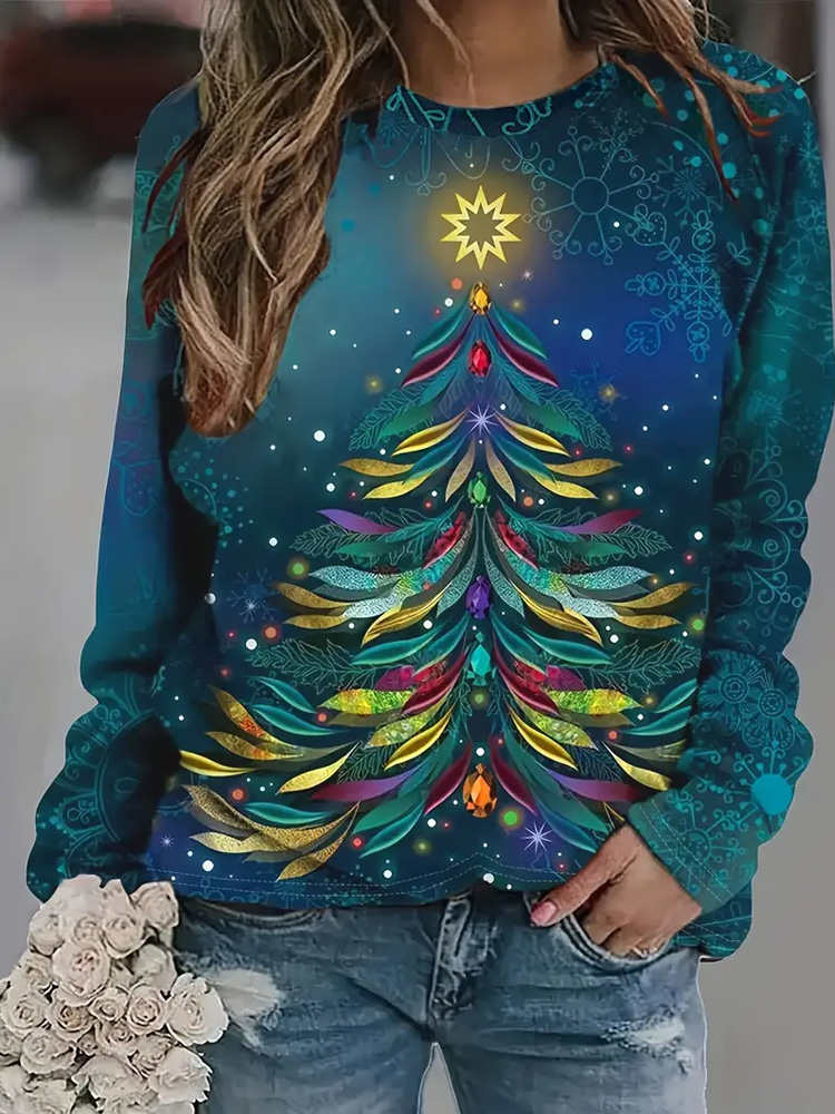 Comstylish Glitter Christmas Tree Print Women's Sweatshirt
