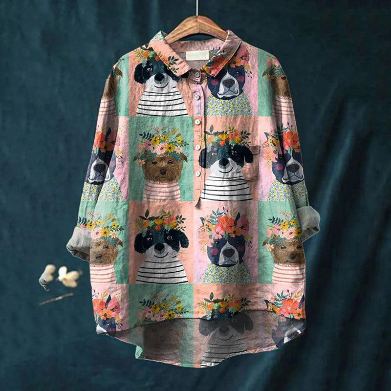 Comstylish Art Flower Dog Print Lapel Loose Shirt