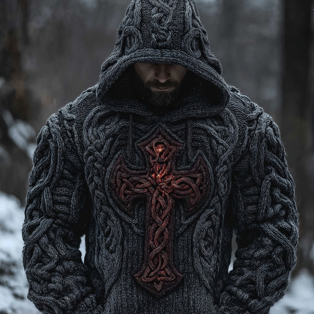 Men's Vintage Cross Celtic Jacquard Chunky Hooded Sweater artswardrobe