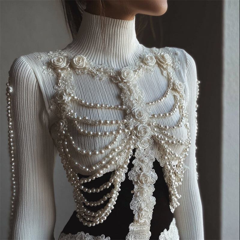 Vintage White Roses Skeleton Pearls Lace Contrast Turtleneck Sweater artswardrobe