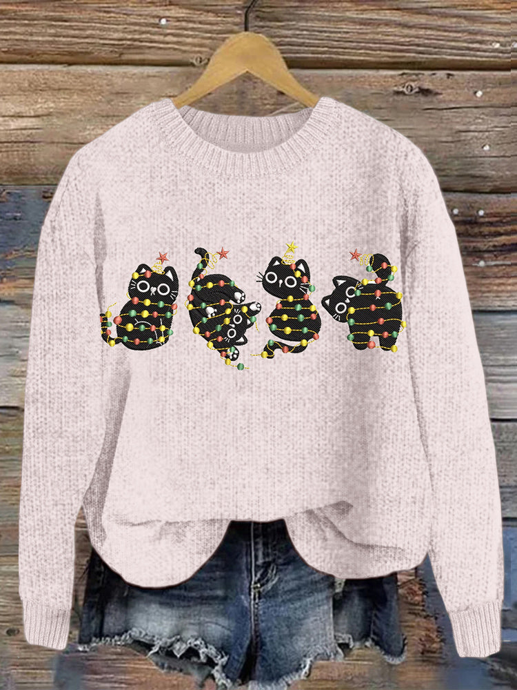 Cute Christmas Cats Embroidered Cozy Sweater elevenforest
