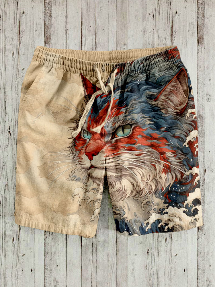 Japanese Great Wave Inspired Mysterious Cat Art Linen Blend Shorts elevenforest