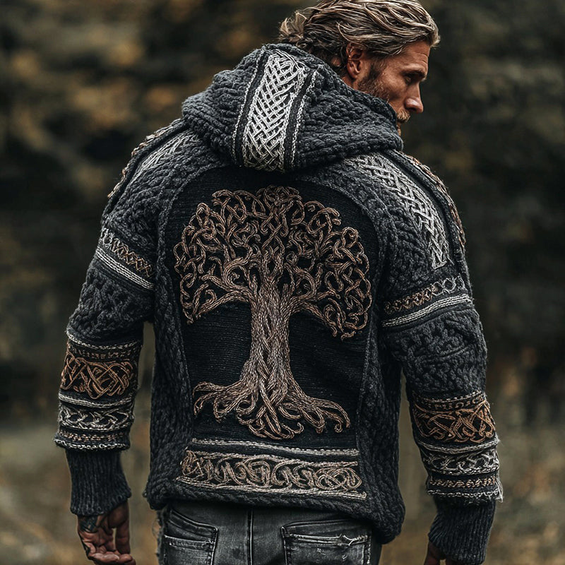 Men's Vintage Viking Tree Of Life Jacquard Knitted Cozy Zipper Up Hooded Cardigan artswardrobe