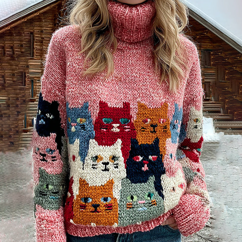 Colorful Cats Pattern Art Cozy Knit Turtleneck Sweater artswardrobe