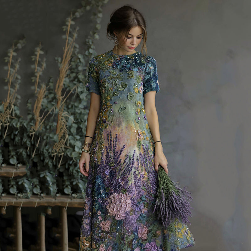 Oil Painting Lavender Floral Sequin Gradient Maxi Dress artswardrobe