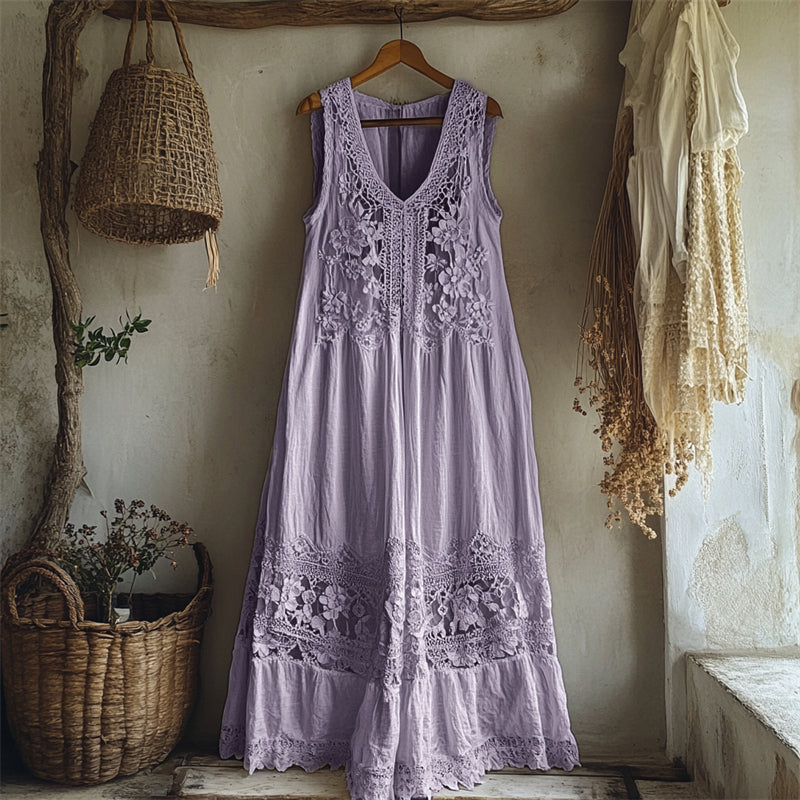 Vintage Floral Hollow Lace Patchwork Linen Maxi Dress artswardrobe