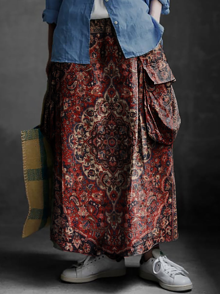 Women's Ethnic Totem Art Print Casual Cotton and Linen Pocket Skirt