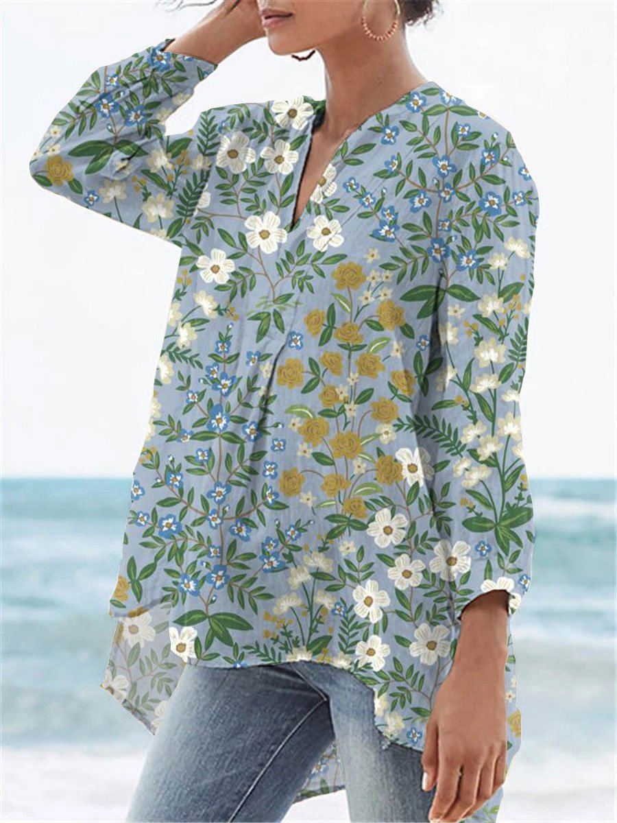 Women's Vintage Lovely Floral Art Print Casual Linen V-neck Shirt