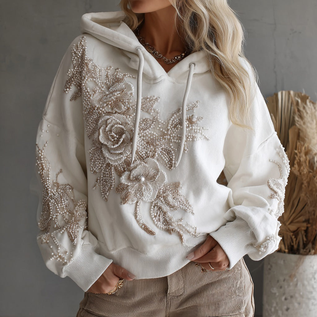 Women's Vintage Rose Embroidery Art Casual Hoodie artswardrobe