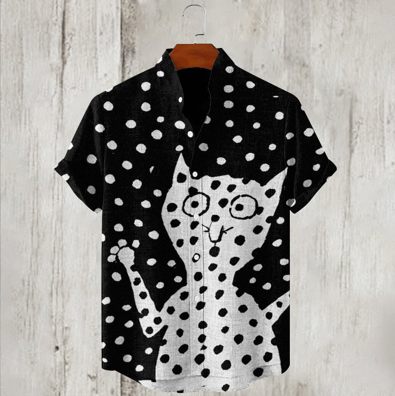 Abstract Polka Dot Cat Graphics Print Linen Men's Shirt artswardrobe