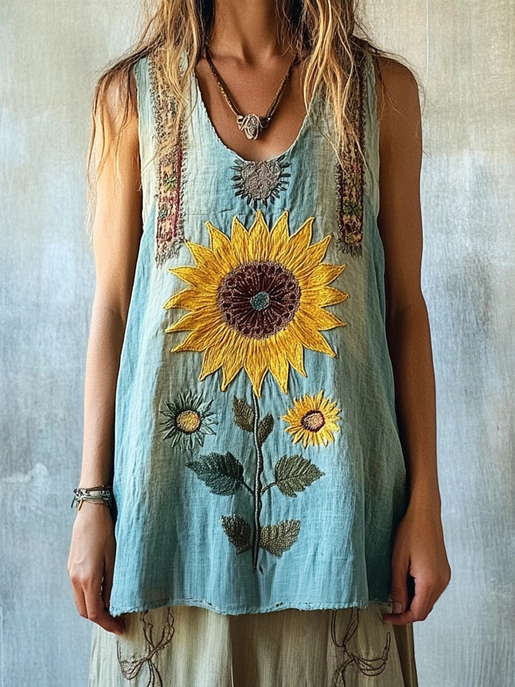 Vintage Boho Sunflower Embroidered Linen Tank Top artswardrobe