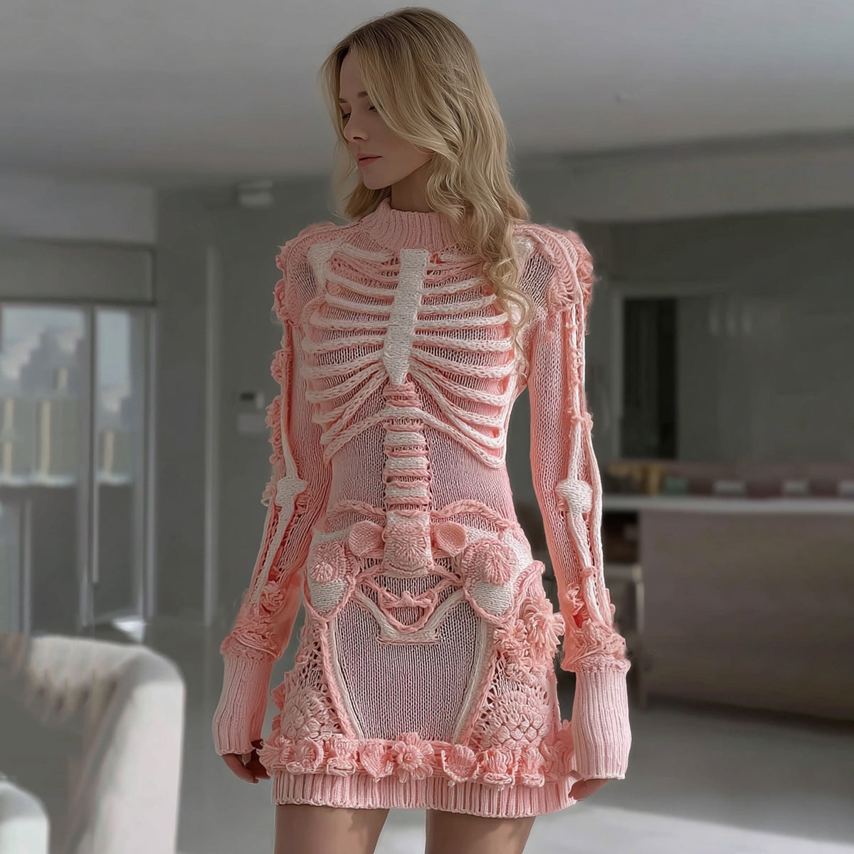 Women's Halloween Skeleton Bones Leather With Rose Pattern Art Hot Sexy Style Cozy Knit Mini Sweater Dress artswardrobe