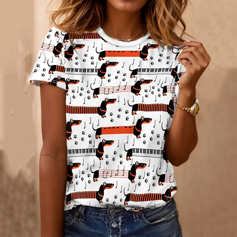 Comstylish Casual Music Dog Print Women'S Round Neck T-Shirt