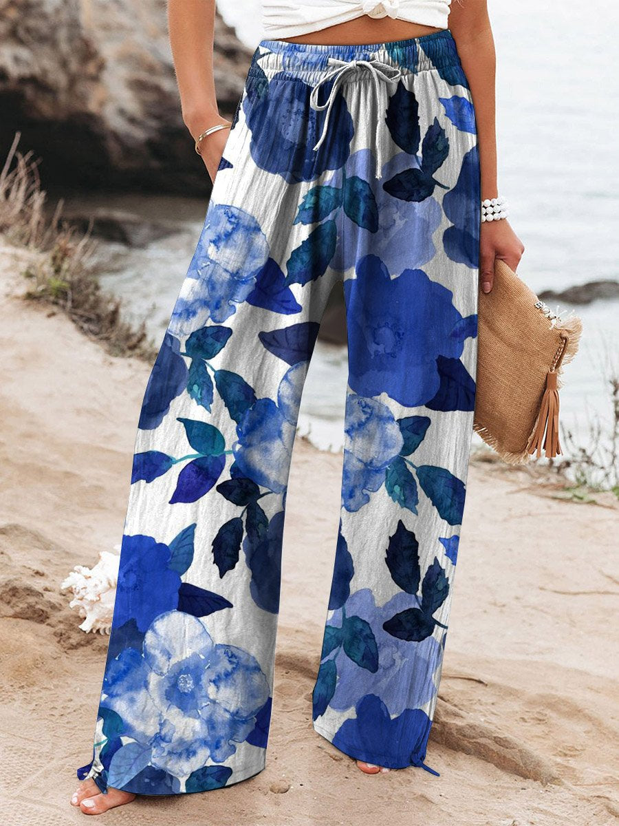 Women's Vintage Lovely Floral Art Printed Cotton And Linen Casual Pants