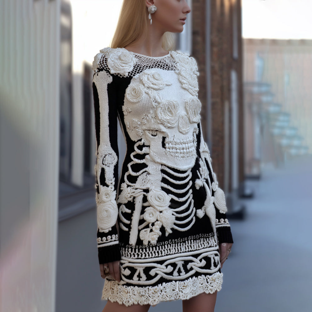 Women's Halloween Skeleton And Rose Lace Knitted Round Neck Skirt artswardrobe