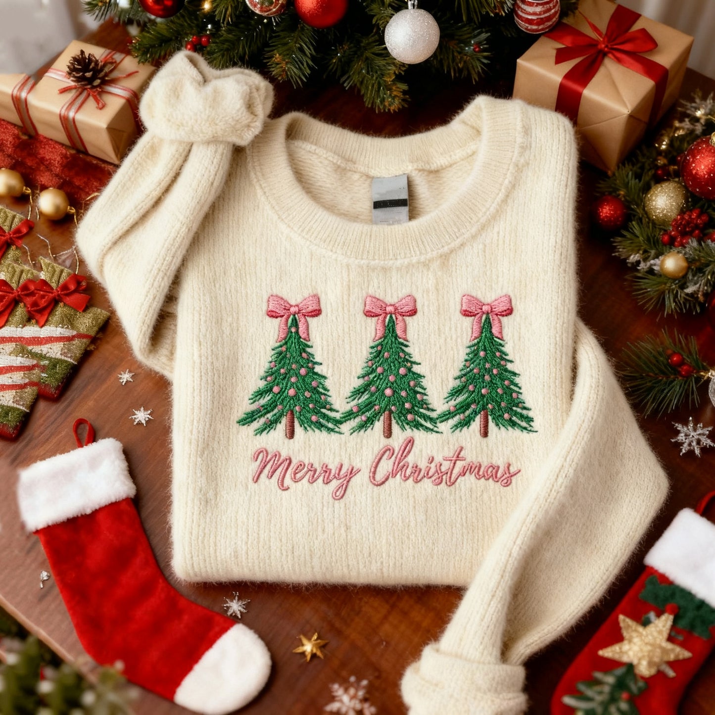 Women's Christmas Tree Bow Print Knit Sweater artswardrobe