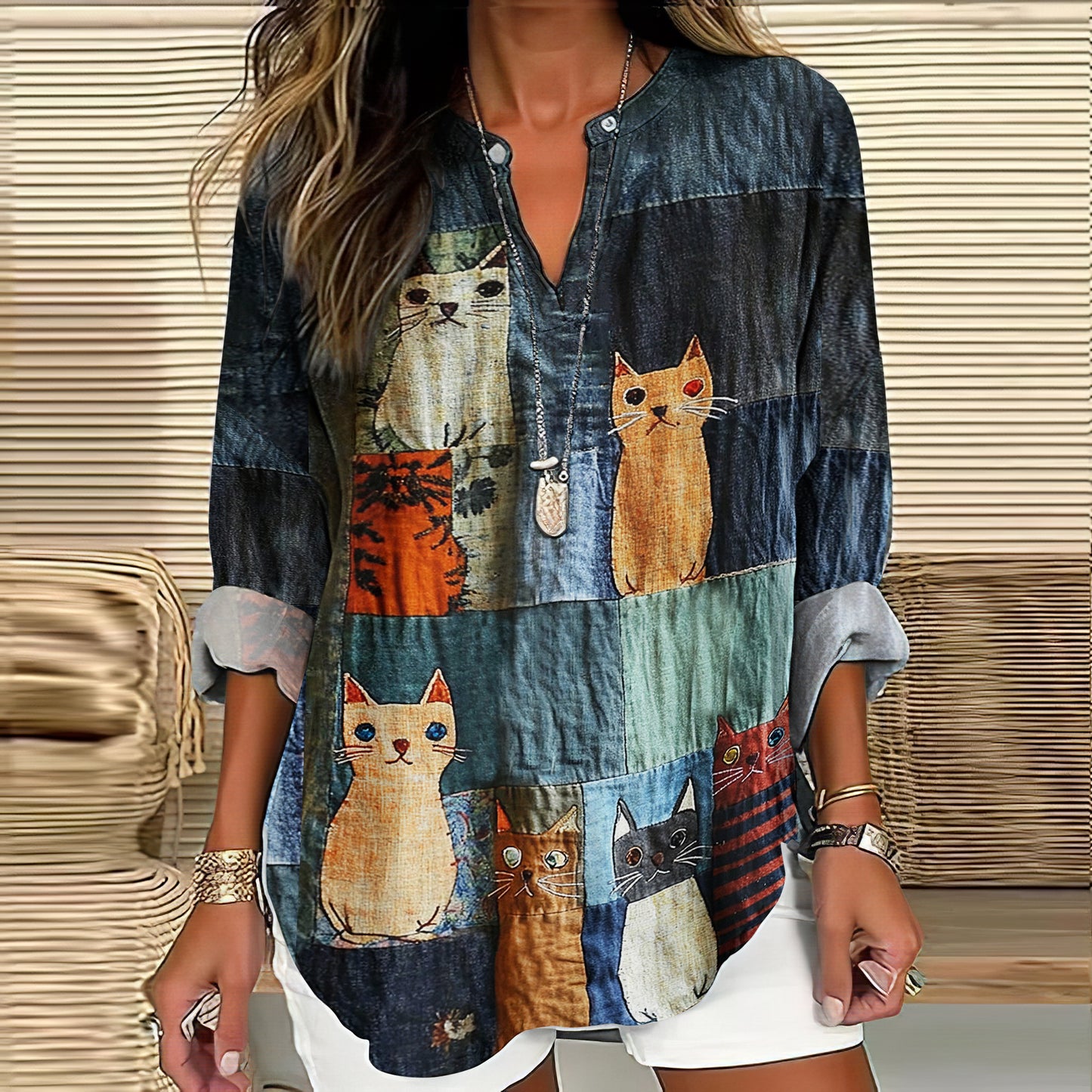 Casual Pop Cat Patchwork Cotton Linen Blouse