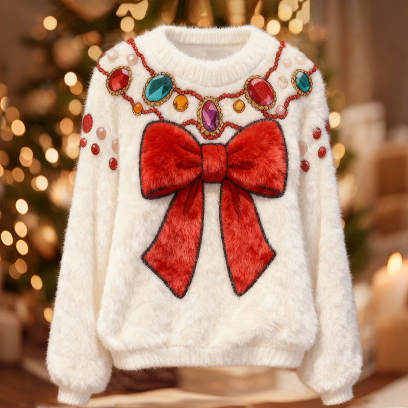 Comstylish Women's Fun Christmas Bow And Jewel Comfortable Plush Crew Neck Sweatshirt