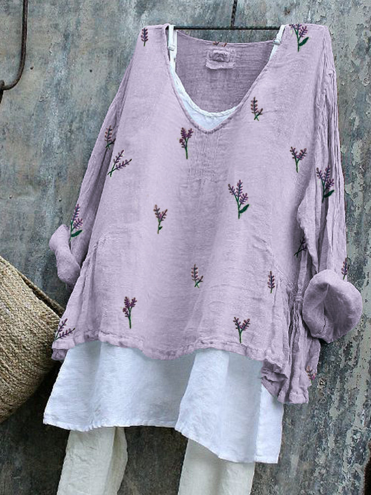 Comstylish Lavender Floral Embroidery Pattern Linen Blend Tunic