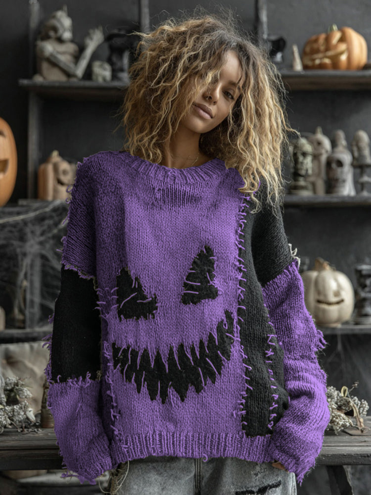Halloween Spooky Face Contrast Stitched Cozy Knit Sweater artswardrobe
