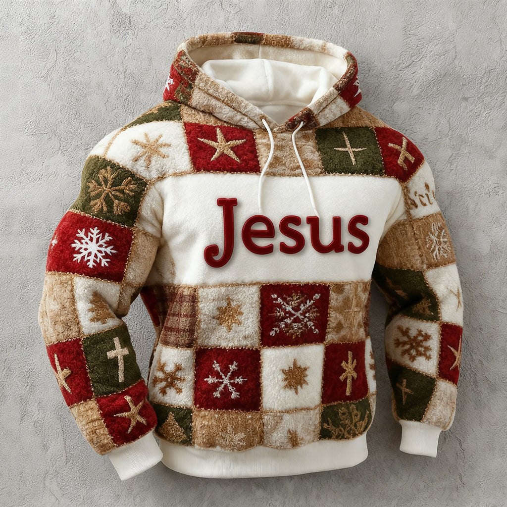 Comstylish Men's Vintage Christmas Jesus Patchwork Print Plush Warm Hoodie